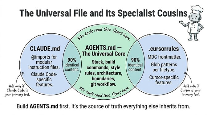 The universal file and its specialist cousins: AGENTS.md is the universal core read by 30+ tools, while CLAUDE.md adds @imports for Claude Code and .cursorrules adds glob-based rules for Cursor.