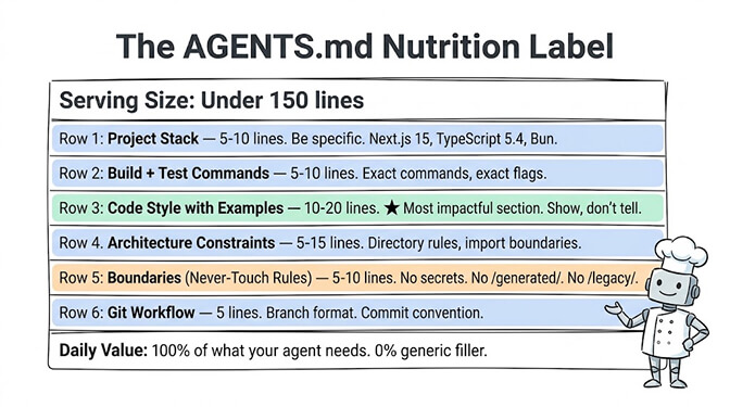 The AGENTS.md nutrition label: serving size under 150 lines, with project stack, build and test commands, code style with examples, architecture constraints, boundaries, and a short git workflow section.