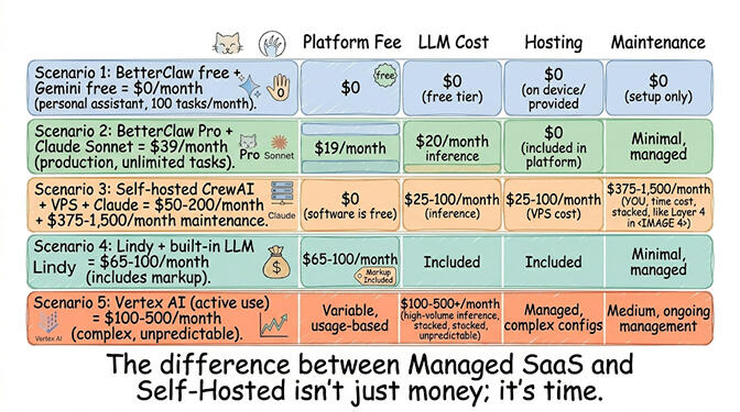Five total-cost-of-ownership scenarios in a detailed table: platform fee, LLM cost, hosting, and maintenance for BetterClaw free, BetterClaw Pro, self-hosted CrewAI, Lindy Pro, and Vertex AI