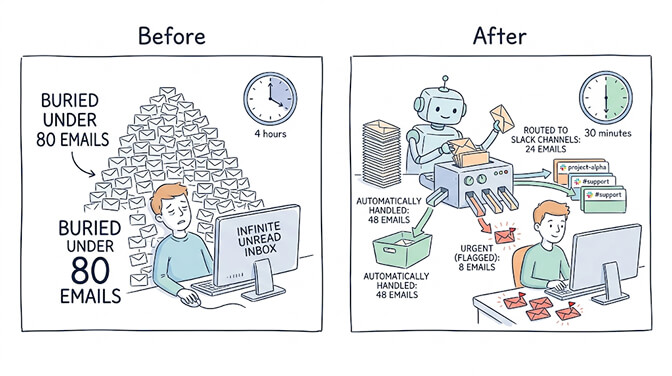 Before and after support triage: buried under 80 emails taking 4 hours, versus an agent that automatically handles 48, routes 24 to Slack channels, and flags 8 urgent ones — done in 30 minutes