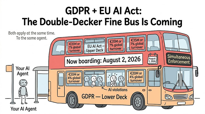 GDPR plus EU AI Act, drawn as a double-decker fine bus boarding August 2, 2026. The lower deck is GDPR (up to €20M or 4% of turnover); the upper deck is the EU AI Act (up to €35M or 7% of turnover). Both decks carry the same passenger: an AI agent processing EU personal data. The two regimes stack, so a non-compliant agent faces dual exposure