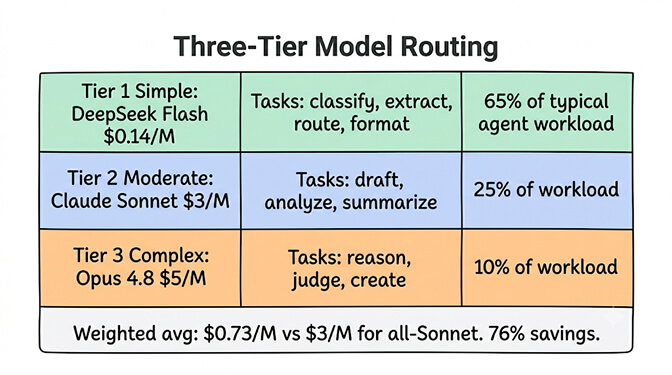 The three-tier model routing structure: Tier 1 simple tasks to DeepSeek Flash, Tier 2 moderate to Claude Sonnet, Tier 3 complex to Opus, with the workload split