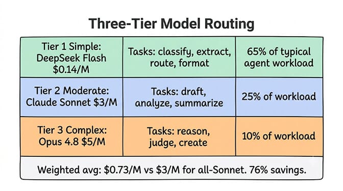 The three-tier model routing structure: Tier 1 simple tasks to DeepSeek Flash, Tier 2 moderate to Claude Sonnet, Tier 3 complex to Opus, with the workload split