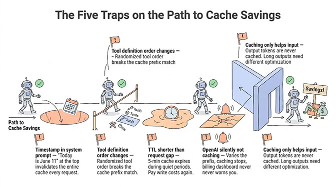 The five traps on the path to cache savings: timestamps in the system prompt, tool definition ordering changes, TTL mismatches with request frequency, OpenAI's silent non-caching, and caching only reducing input costs.