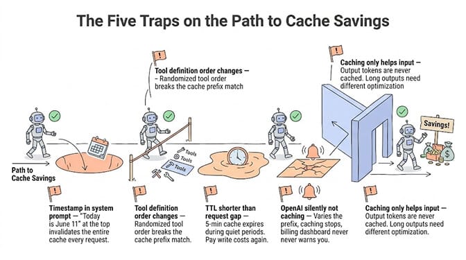 The five traps on the path to cache savings: timestamps in the system prompt, tool definition ordering changes, TTL mismatches with request frequency, OpenAI's silent non-caching, and caching only reducing input costs.