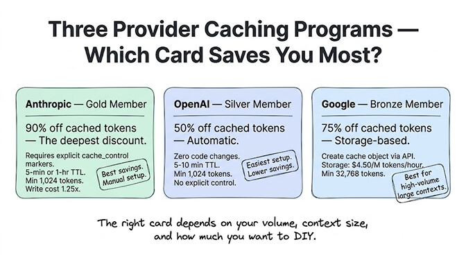Three provider caching programs — which card saves you most: Anthropic offers 90% off with explicit control, OpenAI offers 50% off automatically, and Google offers 75% off with storage-based pricing.