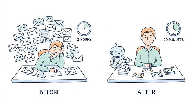Before and after lead qualification: a founder buried in emails spending 2 hours sorting leads manually, versus the same founder calmly reviewing a pre-qualified list in 20 minutes with an AI agent handling the triage