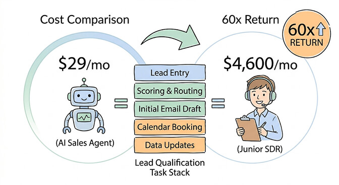 Cost comparison: an AI sales agent at $29/month covers the same lead-entry, scoring, routing, drafting, calendar booking, and CRM update task stack as a $4,600/month junior SDR — roughly a 60x return on qualification spend
