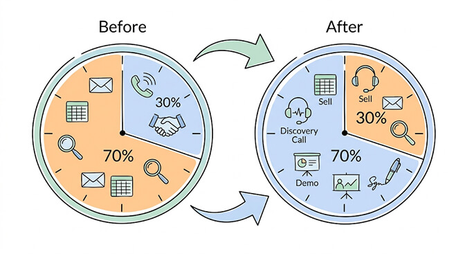 Before and after: SDRs spending 70% of their day on admin (email, research, data entry) vs 30%, flipped to 30% admin and 70% on discovery calls, demos, and selling once an AI sales agent handles qualification