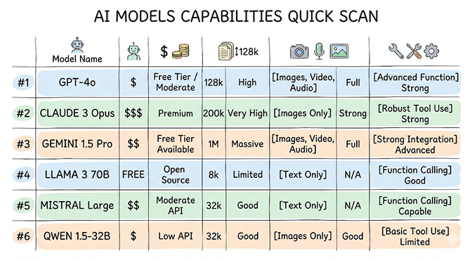 AI models capabilities quick scan: a side-by-side table comparing model name, cost, context window, multimodal support, and tool-calling strength across the ranked free and near-free options