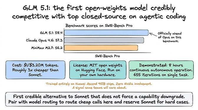 GLM 5.1 benchmark card showing 58.4 on SWE-Bench Pro ahead of Claude Opus 4.6 at 57.3, 744 billion parameter MoE architecture with 40 billion active, trained on Huawei Ascend chips, and MIT-licensed open weights