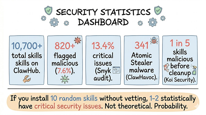 ClawHub security statistics: 10,700+ skills, 820+ flagged malicious, 13.4% with critical issues, 341 ClawHavoc payloads, 1 in 5 malicious pre-cleanup