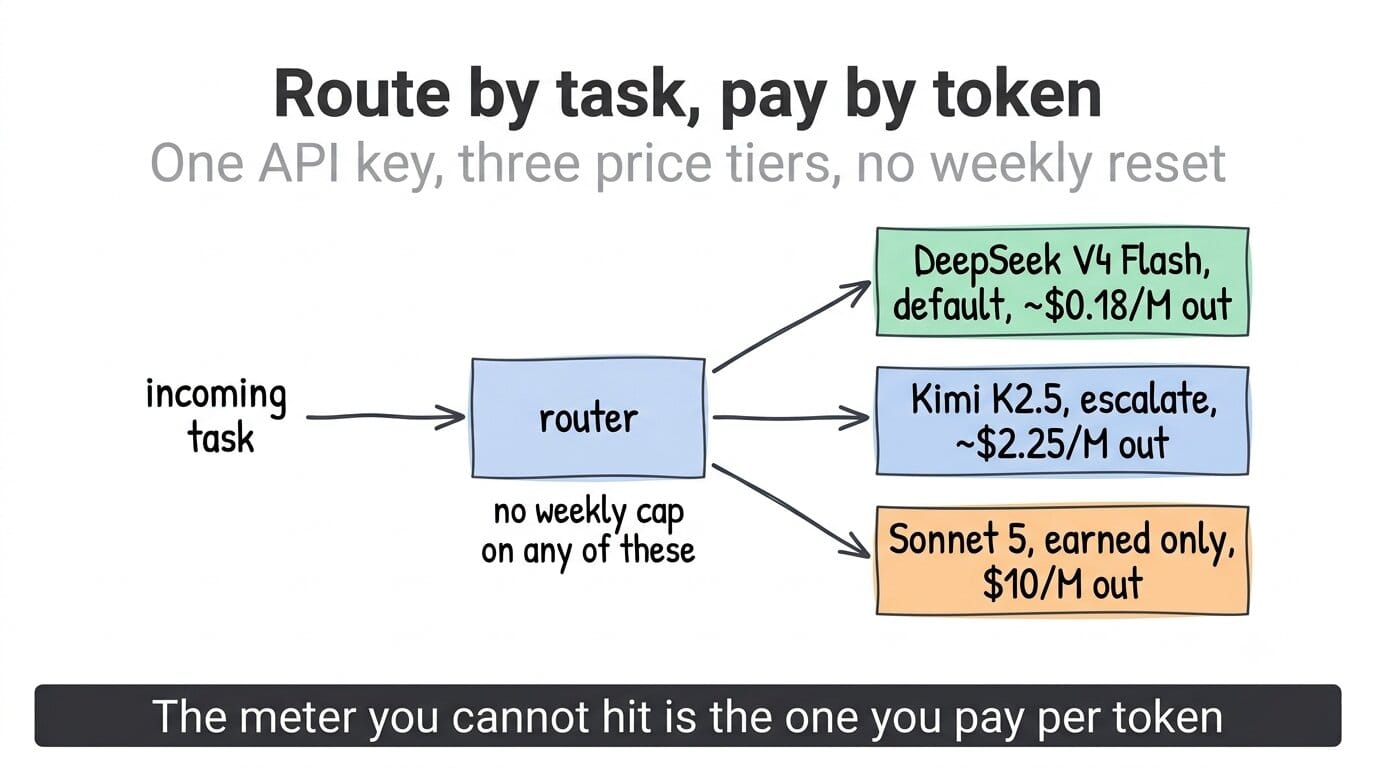 Routing diagram sending each incoming task to DeepSeek V4 Flash by default, Kimi K2.5 on escalation, and Sonnet 5 only when earned, with no weekly cap on any of them
