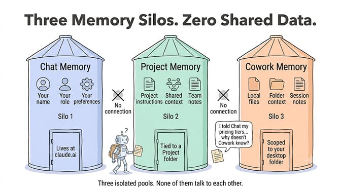 Three isolated Claude memory silos with zero shared data: Chat Memory holds your profile, Project Memory is scoped to a project, and Cowork Memory is tied to a folder of files