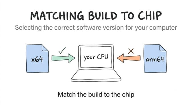 An x64 build and an arm64 build pointed at a laptop labelled "your CPU" — the x64 arrow is a green tick, the arm64 arrow a red cross. Match the build to the chip.