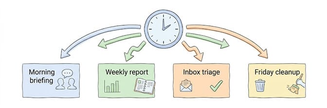 Four common Claude Cowork scheduled tasks: morning briefing, weekly report, inbox triage, Friday cleanup, with a clock in the center