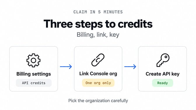 Three steps to Claude Max API credits: open Billing settings and find API credits, link one Console organization, then create an API key