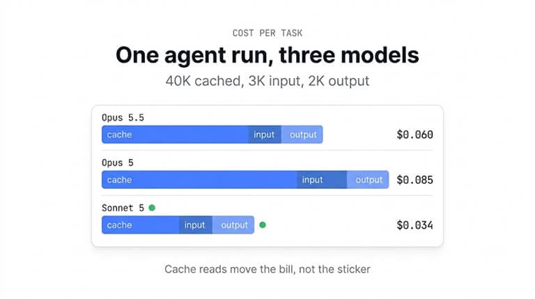One agent run on three models, with 40K cached, 3K input and 2K output tokens: Opus 5.5 $0.060, Opus 5 $0.085, Sonnet 5 $0.034. Cache reads move the bill, not the sticker