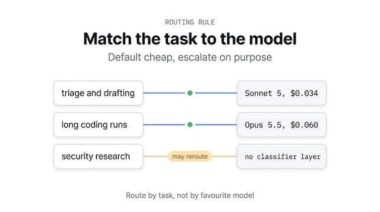 Match the task to the model: triage and drafting on Sonnet 5 at $0.034, long coding runs on Opus 5.5 at $0.060, and security research, which may reroute, on a model with no classifier layer. Route by task, not by favourite model
