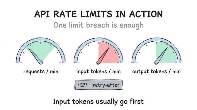 Three API gauges — requests per minute, input tokens per minute, output tokens per minute — where breaching any one returns a 429 with retry-after. Input tokens usually go first.