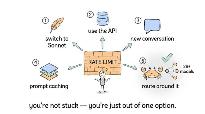 Five ways around a Claude rate limit: switch to Sonnet, use the API, start a new conversation, enable prompt caching, or route across 28+ models.