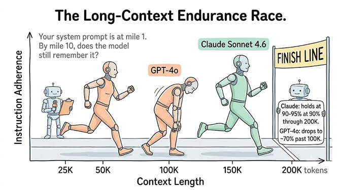 The Long-Context Endurance Race, a chart of instruction-adherence against context length. Both Claude and GPT-4o start strong, but GPT-4o crosses a "fresh line" and drops off sharply past 100K tokens while Claude Sonnet 4.6 keeps running past 150K. For agents that accumulate context over long conversations, that endurance gap is the difference between reliable and unreliable