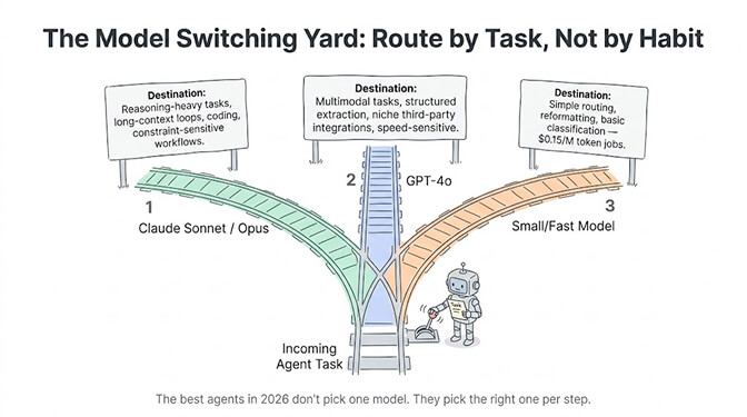 The Model Switching Yard, a rail-yard diagram routing each task to the right model by task, not by habit: reasoning-heavy and long-context steps and coding route to Claude, multimodal and structured extraction and speed-sensitive steps route to GPT-4o, and basic routing and reformatting route to a cheap small model. Match the task to the track