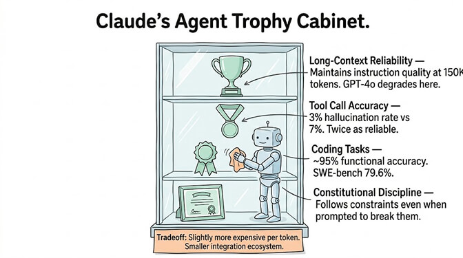 Claude's Agent Trophy Cabinet, displaying its agent-workload wins: long-context reliability (holds instructions past 150K tokens), tool calling (3% hallucination rate), coding (~95% functional accuracy, 79.6% on SWE-bench Verified), and constitutional discipline (follows system-prompt rules under pressure). The strengths that map directly to reliable production agents