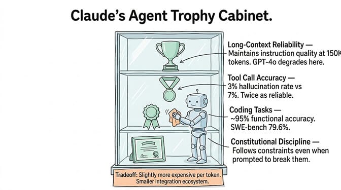 Claude's Agent Trophy Cabinet, displaying its agent-workload wins: long-context reliability (holds instructions past 150K tokens), tool calling (3% hallucination rate), coding (~95% functional accuracy, 79.6% on SWE-bench Verified), and constitutional discipline (follows system-prompt rules under pressure). The strengths that map directly to reliable production agents