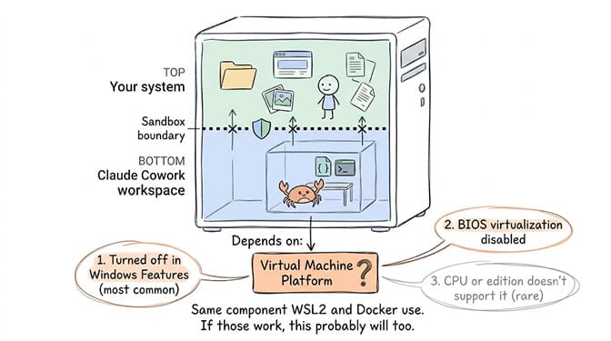 Cowork's workspace runs below a sandbox boundary inside a VM, isolated from your system above it, all depending on Virtual Machine Platform — the same component WSL2 and Docker use.