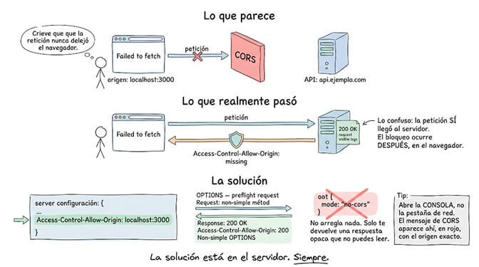 CORS explicado en tres pasos. Lo que parece: que la petición desde localhost:3000 nunca salió del navegador y CORS la bloqueó antes de llegar a api.ejemplo.com. Lo que realmente pasó: la petición sí llegó al servidor, que respondió 200 OK y lo registró en sus logs, pero faltaba la cabecera Access-Control-Allow-Origin y el bloqueo ocurrió después, ya en el navegador. La solución: añadir el origen a Access-Control-Allow-Origin en la configuración del servidor y responder al preflight OPTIONS con 200 cuando el método no es simple. Poner mode no-cors no arregla nada, solo devuelve una respuesta opaca que no puedes leer, y el mensaje real aparece en la consola, no en la pestaña de red