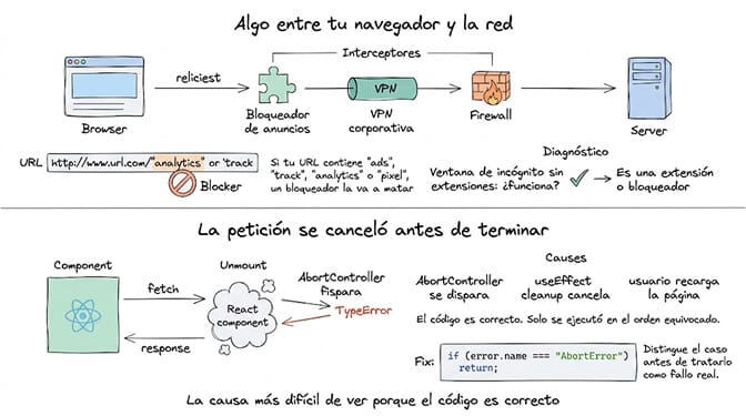 Algo entre tu navegador y la red: bloqueadores de anuncios, VPN corporativas y firewalls interceptan la petición antes de que llegue al servidor, y si tu URL contiene ads, track, analytics o pixel, un bloqueador la va a matar aunque el endpoint sea legítimo. El diagnóstico es abrir una ventana de incógnito sin extensiones: si ahí funciona, es una extensión o un bloqueador. Debajo, la petición cancelada antes de terminar: un componente de React que se desmonta hace saltar el AbortController y produce el mismo TypeError. Las causas son el AbortController, el cleanup del useEffect y el usuario que recarga la página. El código es correcto, solo se ejecutó en el orden equivocado, así que comprueba if error.name === AbortError y return antes de tratarlo como fallo real