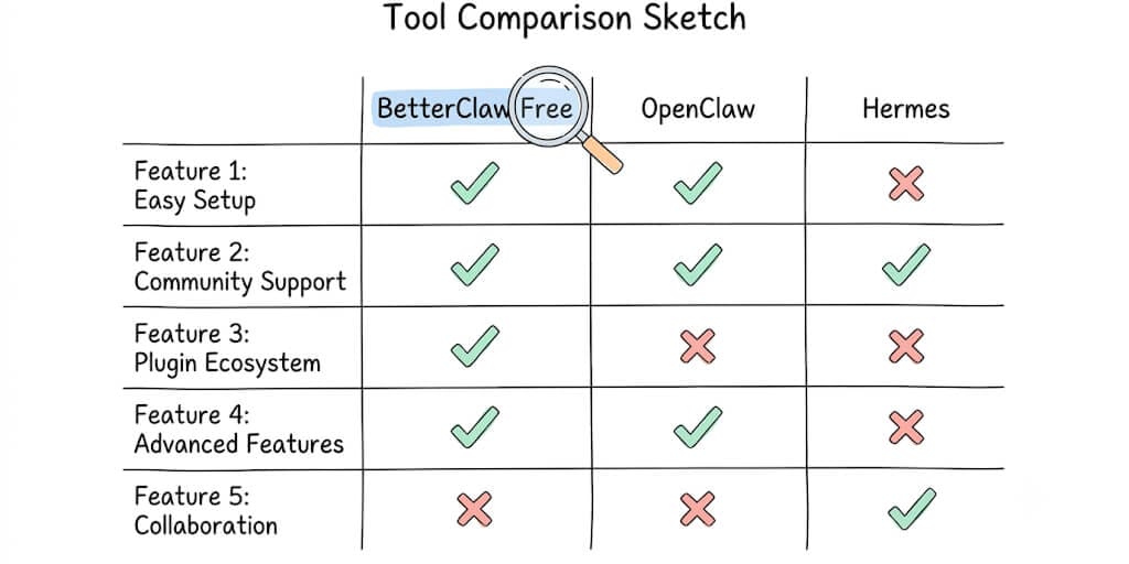 Feature comparison sketch of BetterClaw Free, OpenClaw, and Hermes across easy setup, community support, plugin ecosystem, advanced features, and collaboration