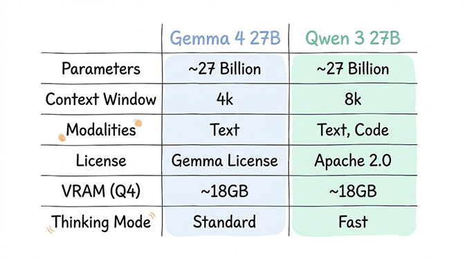 Gemma 4 27B vs Qwen 3 27B spec comparison: parameters, context window, modalities, license, Q4 VRAM, and thinking mode