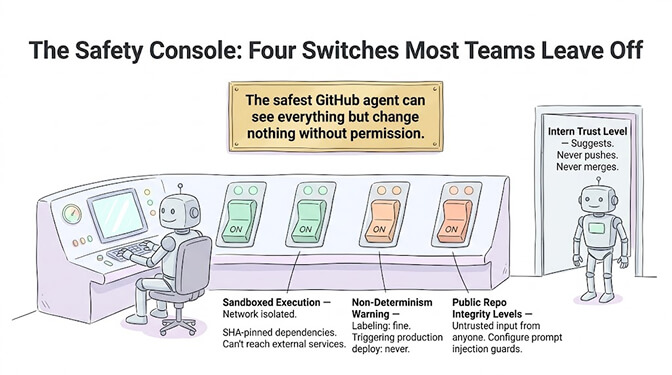 The safety console: sandboxed execution, non-determinism warnings, and public-repo integrity levels. The safest GitHub agent can see everything but change nothing without permission.