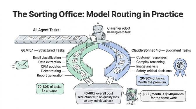 The sorting office: model routing in practice. A classifier reads each incoming task and routes structured tasks (email classification, data extraction, CRM updates, ticket routing, report generation) to GLM 5.1 at 70-80% of volume and 3x cheaper, while judgment tasks (customer responses, complex reasoning, image analysis, safety-critical decisions) go to Claude Sonnet 4.6 at 20-30% of volume. The result is 40-60% overall cost reduction with no quality loss, taking a $600/month bill down to $240/month for the same work.