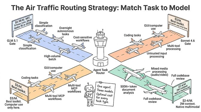 The air traffic routing strategy: match each task to the model that fits, sending cheap classification to GLM 5.1, coding to Sonnet 4.6, and large multimodal documents to Gemini 3.1 Pro