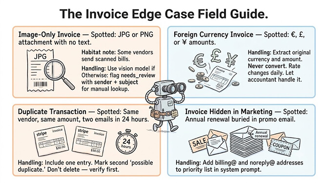 The invoice edge case field guide: how to handle image-only invoices, foreign currency invoices, duplicate payment confirmations, and annual renewal invoices buried in marketing emails.