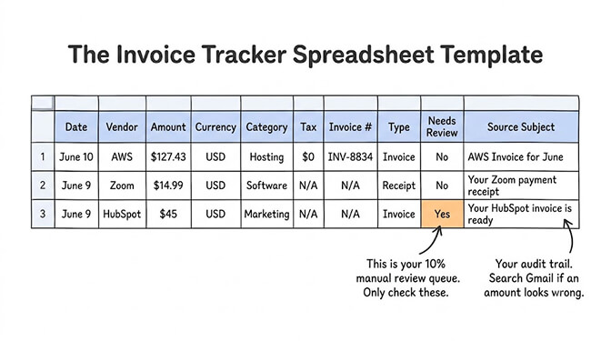 The invoice tracker spreadsheet template: columns for date, vendor, amount, currency, category, tax, invoice number, type, a needs-review flag, and the source email subject as an audit trail.