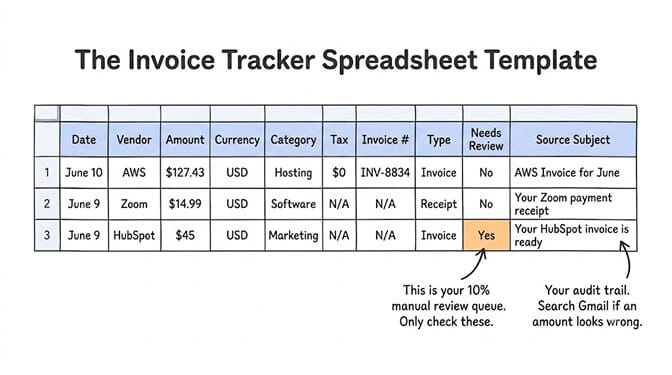 The invoice tracker spreadsheet template: columns for date, vendor, amount, currency, category, tax, invoice number, type, a needs-review flag, and the source email subject as an audit trail.