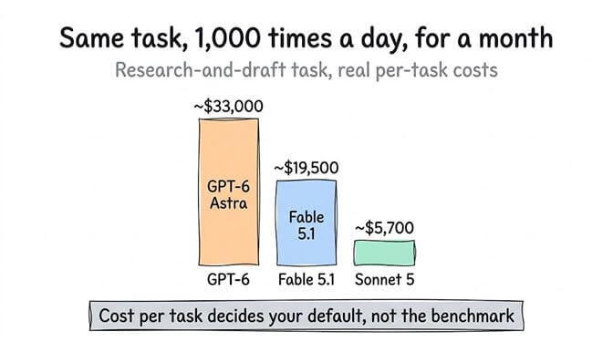 Same task, 1,000 times a day, for a month: at 1,000 tasks a day the research-and-draft job runs about $5,700 a month on Sonnet 5, $19,500 on Fable 5.1, and $33,000 on GPT-6 Astra. The per-task gap looks small until you multiply it by your actual volume