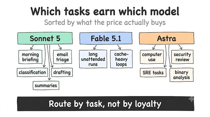 Which tasks earn which model: classification, triage, drafting, and summaries route to Sonnet 5; long multi-step plans and anything touching money or external comms escalate to Fable 5.1; browser automation, desktop work, and security review go to Astra. Every agent gets a hard daily spend cap regardless of model