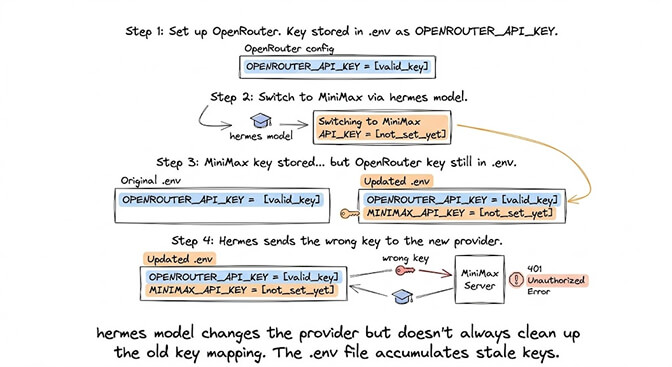 Step-by-step illustration of Hermes API key drift: OpenRouter key is set, you switch to MiniMax, the .env accumulates both keys, and Hermes ends up sending the wrong key to the new provider — returning 401 Unauthorized