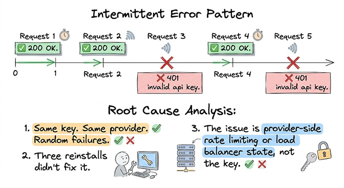 Intermittent error pattern: requests 1, 2, and 4 return 200 OK while requests 3 and 5 randomly return 401 invalid api key with the same valid key — root cause is provider-side load balancer state, not the key