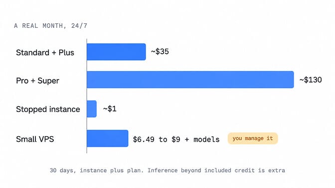 A real month running 24/7: Standard + Plus about $37, Pro + Super about $133, a stopped instance about $1, and a small VPS $6.49 to $9 plus models that you manage yourself