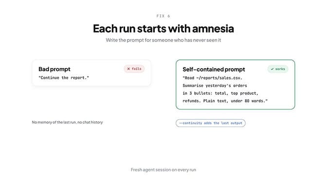 Each Hermes cron run starts with amnesia: no chat history, no memory of the last run — write the prompt for someone who has never seen your project