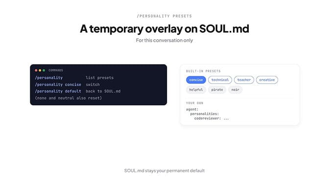/personality is a temporary overlay on SOUL.md for the current session — switch with /personality concise, back with /personality default