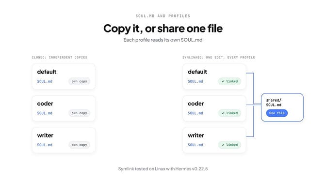 Two ways to share a SOUL.md across profiles: clone it once with --clone, or use a symlink so one edit updates all profiles