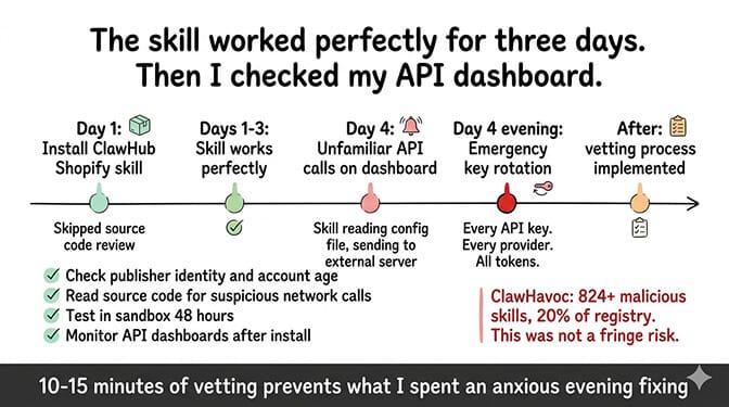 Week 3: the security scare - malicious skill exfiltrating API keys while functioning normally