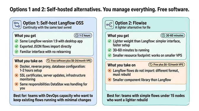Options 1 and 2: Self-hosted Langflow OSS and Flowise. Same architecture, same everything: free software.